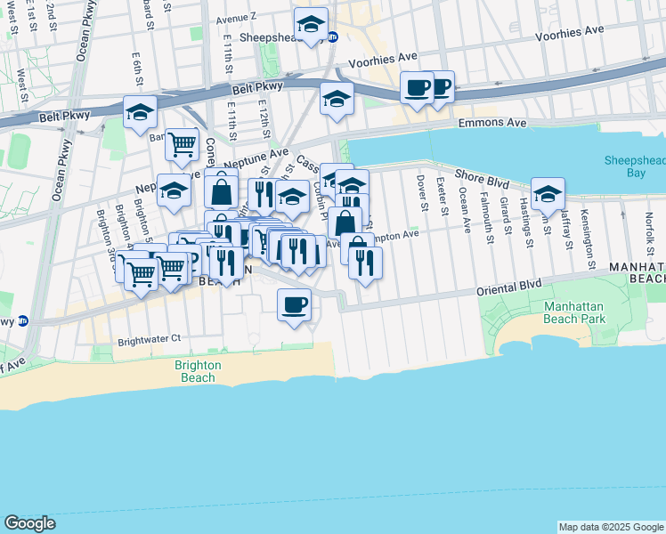 map of restaurants, bars, coffee shops, grocery stores, and more near Corbin Place in Brooklyn