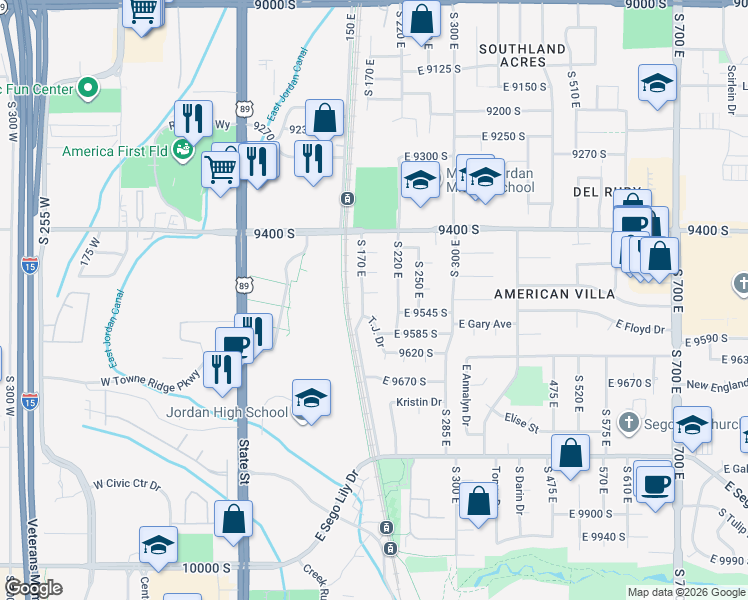 map of restaurants, bars, coffee shops, grocery stores, and more near 186 East Brent Circle in Sandy