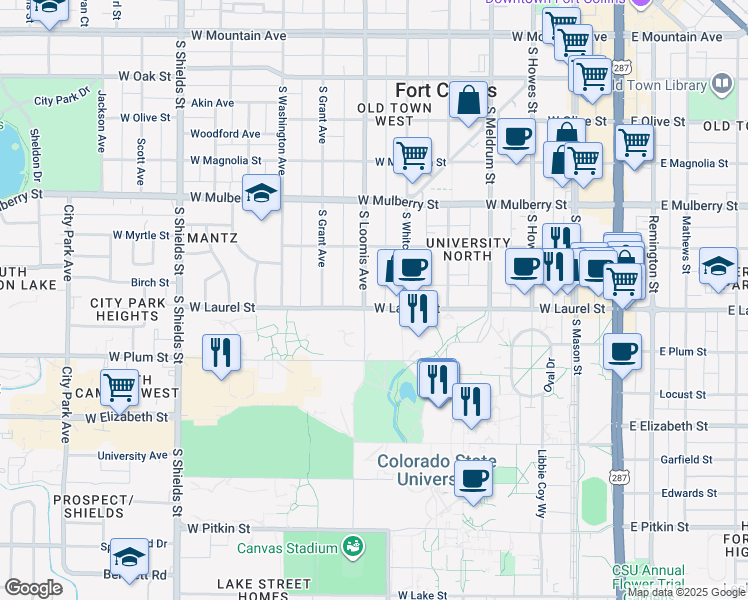 map of restaurants, bars, coffee shops, grocery stores, and more near 624 West Laurel Street in Fort Collins