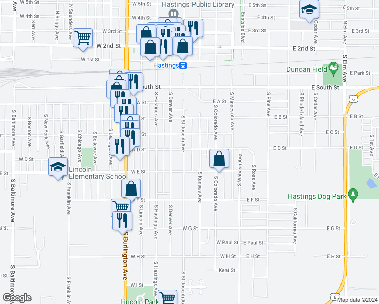 map of restaurants, bars, coffee shops, grocery stores, and more near 409 West D Street in Hastings
