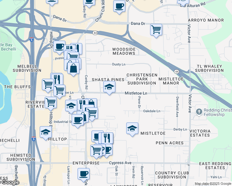 map of restaurants, bars, coffee shops, grocery stores, and more near 1225 Mistletoe Lane in Redding