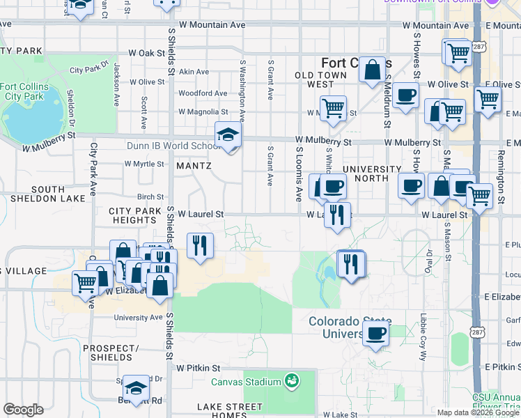 map of restaurants, bars, coffee shops, grocery stores, and more near 802 West Laurel Street in Fort Collins