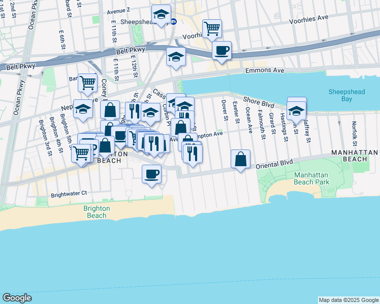 map of restaurants, bars, coffee shops, grocery stores, and more near 153 West End Avenue in Brooklyn