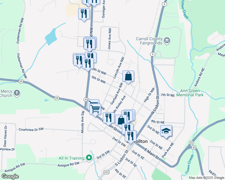 map of restaurants, bars, coffee shops, grocery stores, and more near 431 Garfield Avenue Northwest in Carrollton