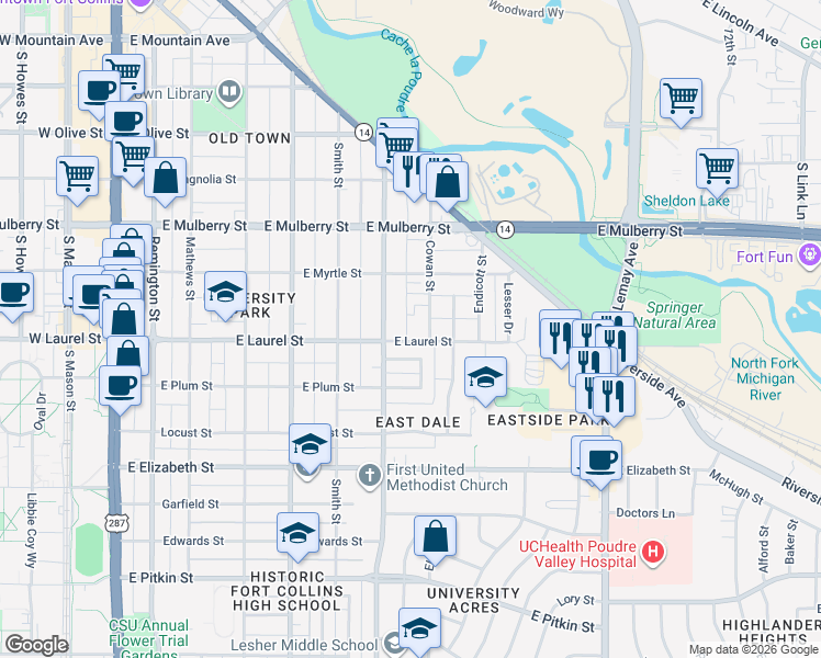 map of restaurants, bars, coffee shops, grocery stores, and more near 760 Eastdale Drive in Fort Collins