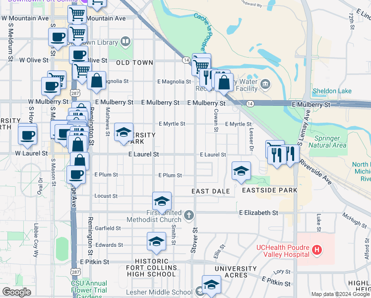 map of restaurants, bars, coffee shops, grocery stores, and more near 617 East Laurel Street in Fort Collins