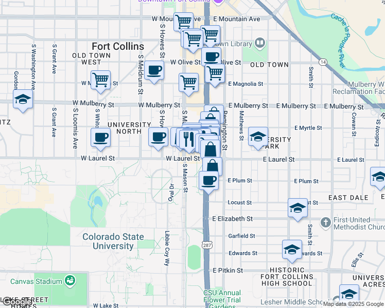 map of restaurants, bars, coffee shops, grocery stores, and more near in Fort Collins