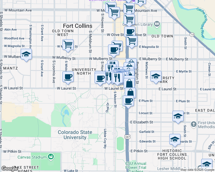 map of restaurants, bars, coffee shops, grocery stores, and more near in Fort Collins