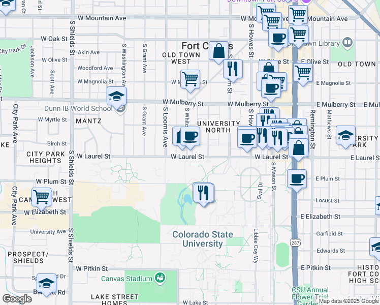 map of restaurants, bars, coffee shops, grocery stores, and more near 523 West Laurel Street in Fort Collins