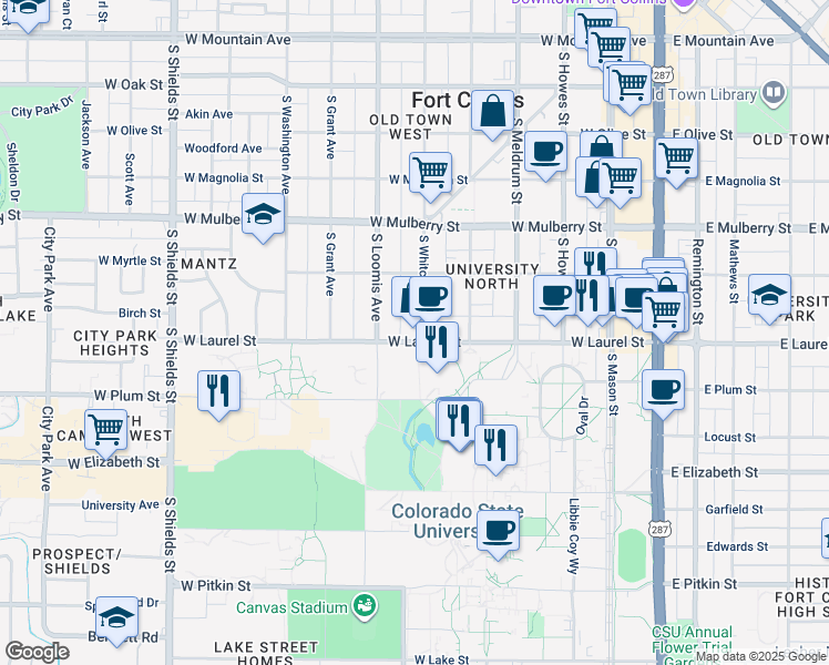 map of restaurants, bars, coffee shops, grocery stores, and more near in Fort Collins