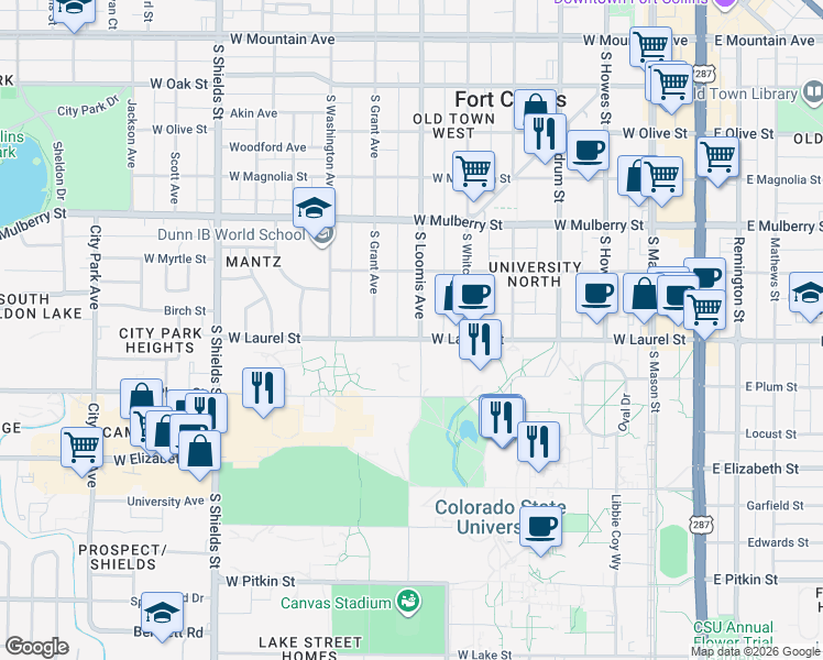 map of restaurants, bars, coffee shops, grocery stores, and more near 712 West Laurel Street in Fort Collins