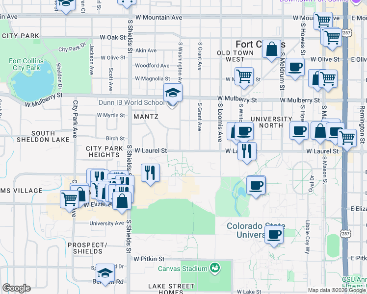 map of restaurants, bars, coffee shops, grocery stores, and more near in Fort Collins