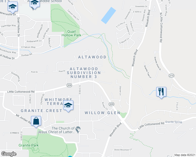 map of restaurants, bars, coffee shops, grocery stores, and more near 3221 Little Cottonwood Road in Sandy