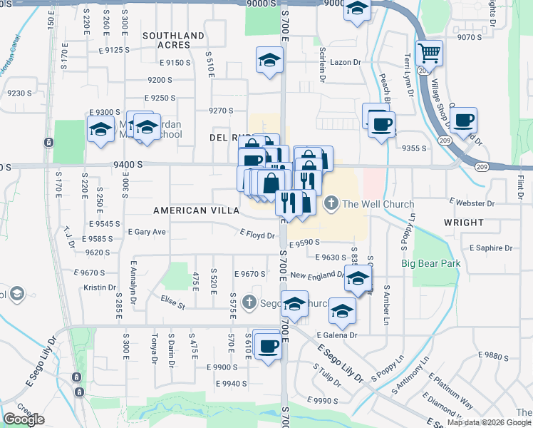 map of restaurants, bars, coffee shops, grocery stores, and more near 676 East Howard Drive in Sandy