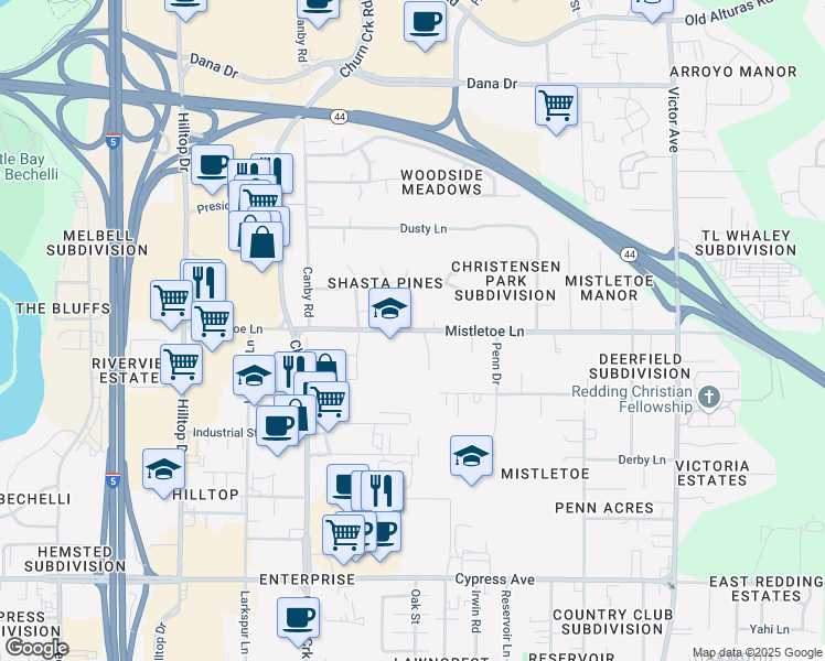 map of restaurants, bars, coffee shops, grocery stores, and more near 1225 Mistletoe Lane in Redding