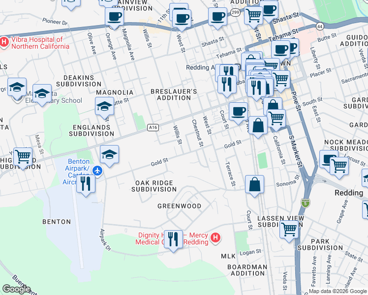 map of restaurants, bars, coffee shops, grocery stores, and more near 2120 Gold Street in Redding