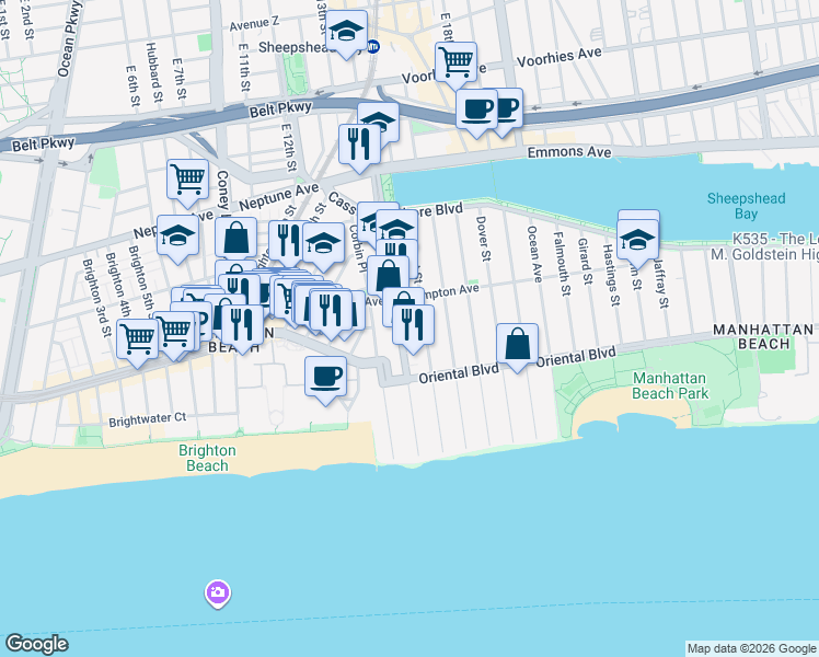 map of restaurants, bars, coffee shops, grocery stores, and more near 153 West End Avenue in Brooklyn