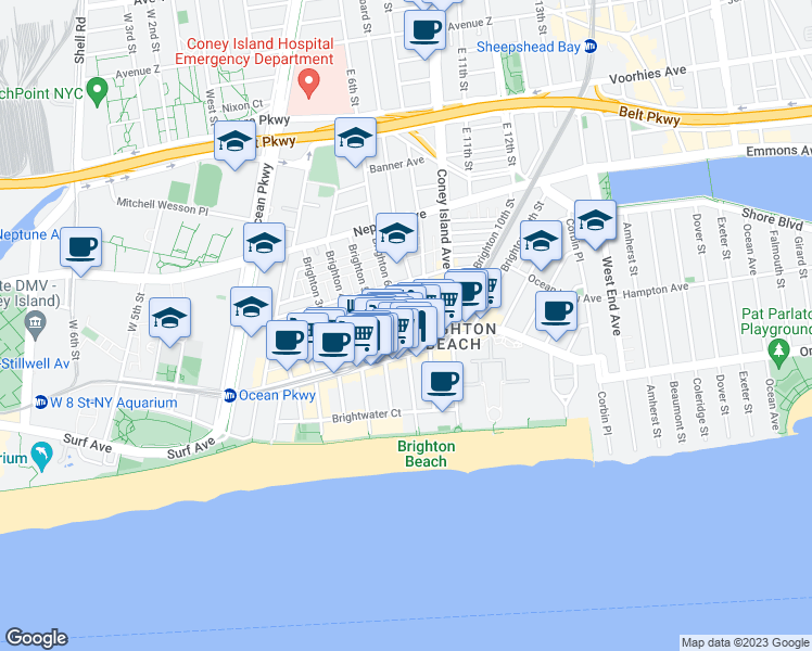 map of restaurants, bars, coffee shops, grocery stores, and more near 604 Brighton Beach Avenue in Brooklyn