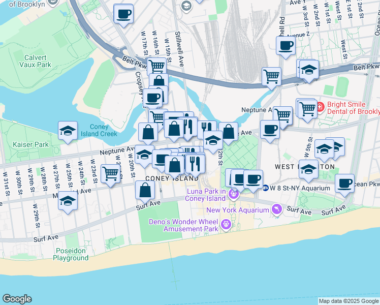 map of restaurants, bars, coffee shops, grocery stores, and more near 2907 Stillwell Avenue in Brooklyn