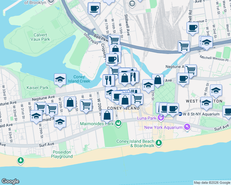 map of restaurants, bars, coffee shops, grocery stores, and more near 2840 West 16th Street in Brooklyn