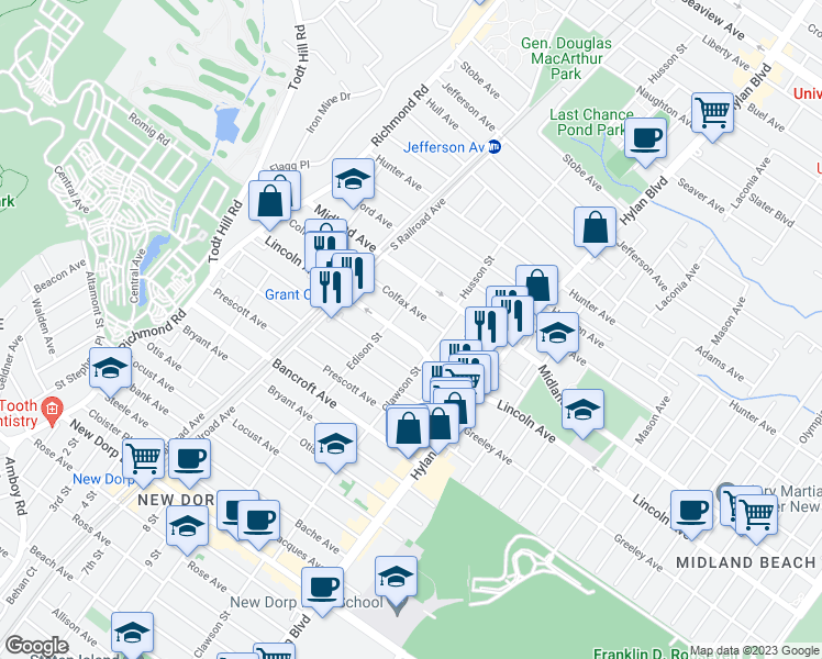 map of restaurants, bars, coffee shops, grocery stores, and more near 201 Lincoln Avenue in Staten Island