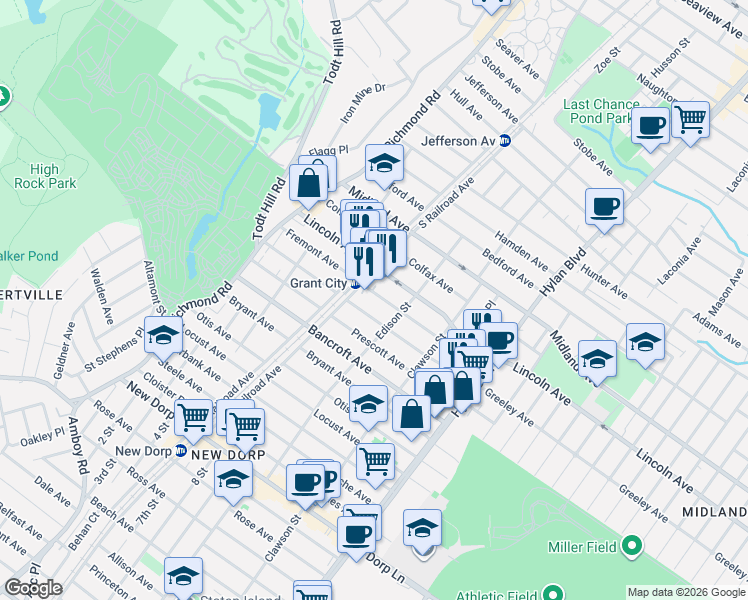 map of restaurants, bars, coffee shops, grocery stores, and more near 141 Greeley Avenue in Staten Island