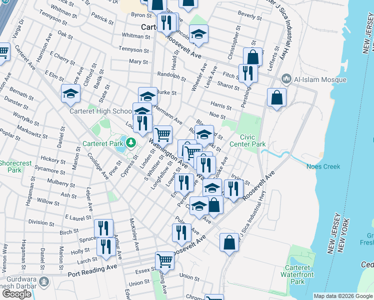 map of restaurants, bars, coffee shops, grocery stores, and more near 100 Lowell Street in Carteret