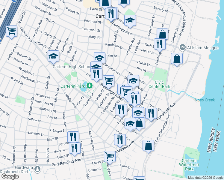 map of restaurants, bars, coffee shops, grocery stores, and more near 108 Washington Avenue in Carteret
