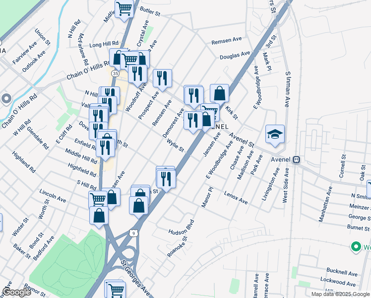 map of restaurants, bars, coffee shops, grocery stores, and more near 30 Wylie Street in Woodbridge Township