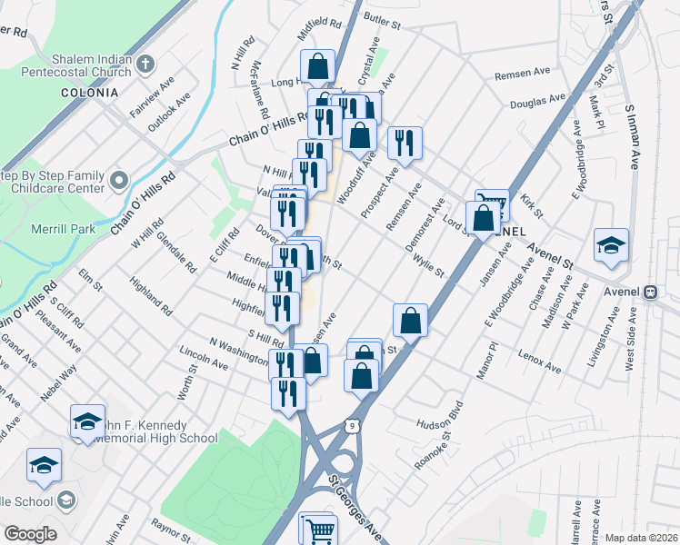 map of restaurants, bars, coffee shops, grocery stores, and more near 101 Remsen Avenue in Woodbridge Township