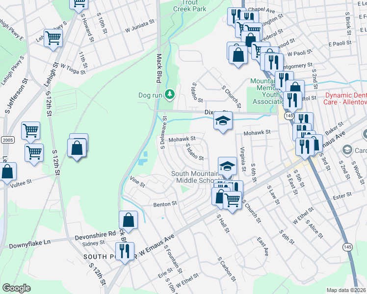 map of restaurants, bars, coffee shops, grocery stores, and more near 1932 South Idaho Street in Allentown