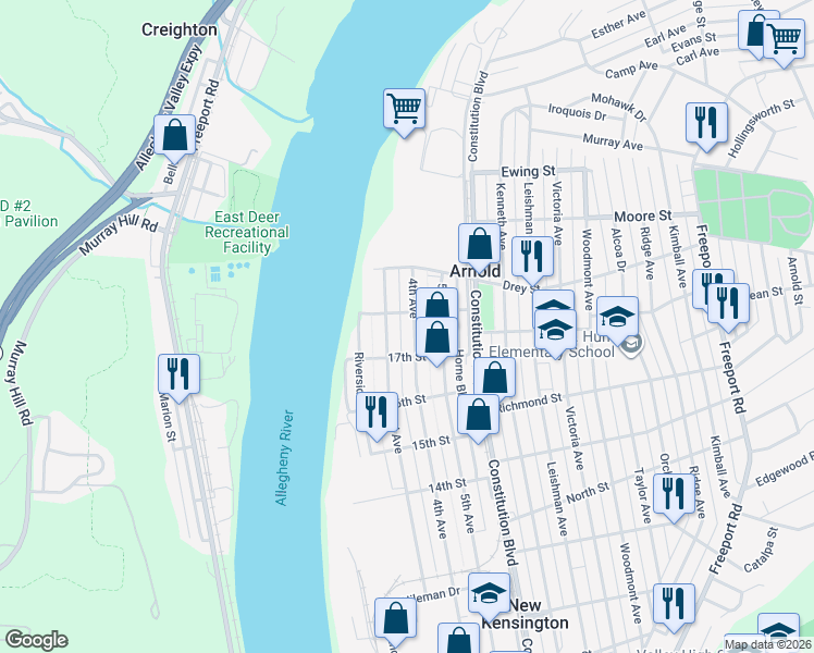 map of restaurants, bars, coffee shops, grocery stores, and more near 1714 3rd Avenue in New Kensington
