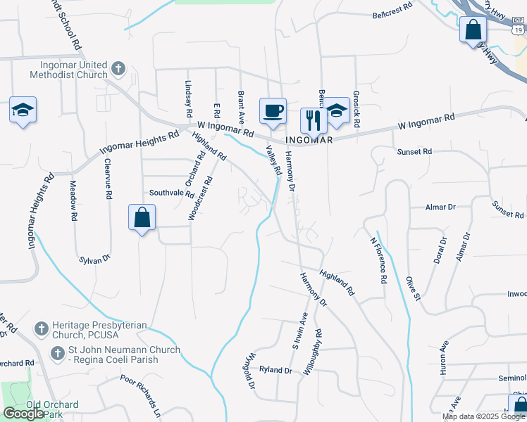 map of restaurants, bars, coffee shops, grocery stores, and more near 108 Olde Ingomar Court in Pittsburgh