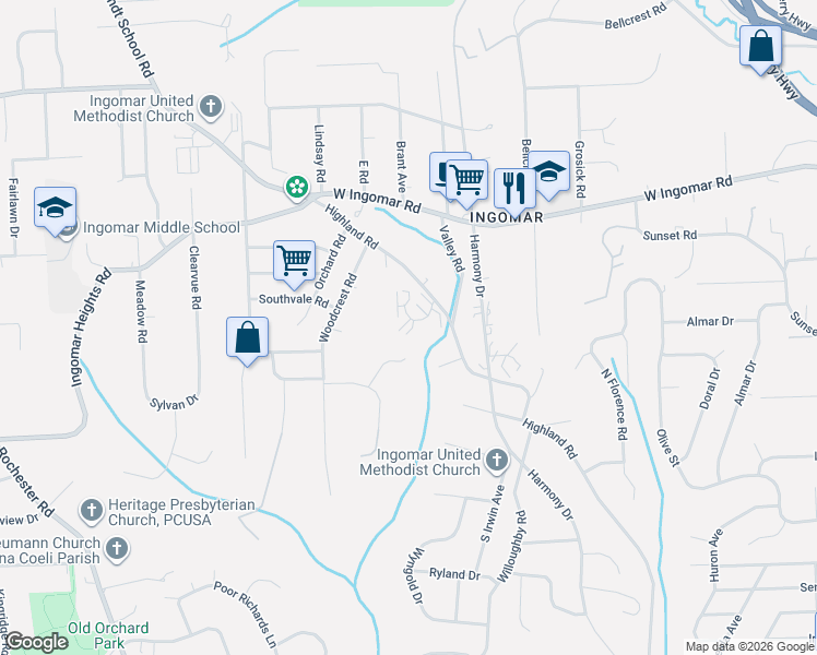 map of restaurants, bars, coffee shops, grocery stores, and more near 307 Olde Ingomar Court in Pittsburgh