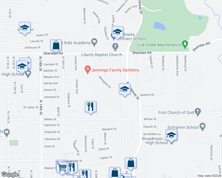 map of restaurants, bars, coffee shops, grocery stores, and more near 2028 Westgate Drive in Pekin