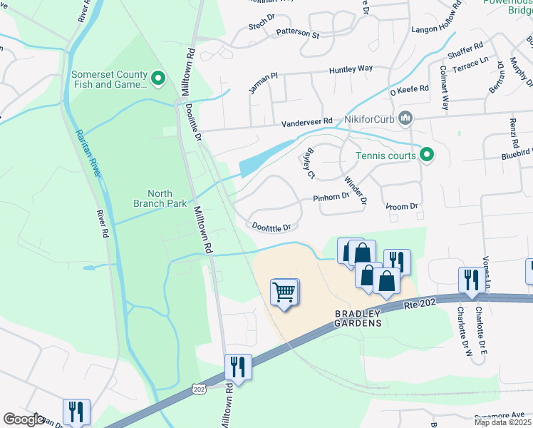 map of restaurants, bars, coffee shops, grocery stores, and more near 2805 Doolittle Drive in Bridgewater Township