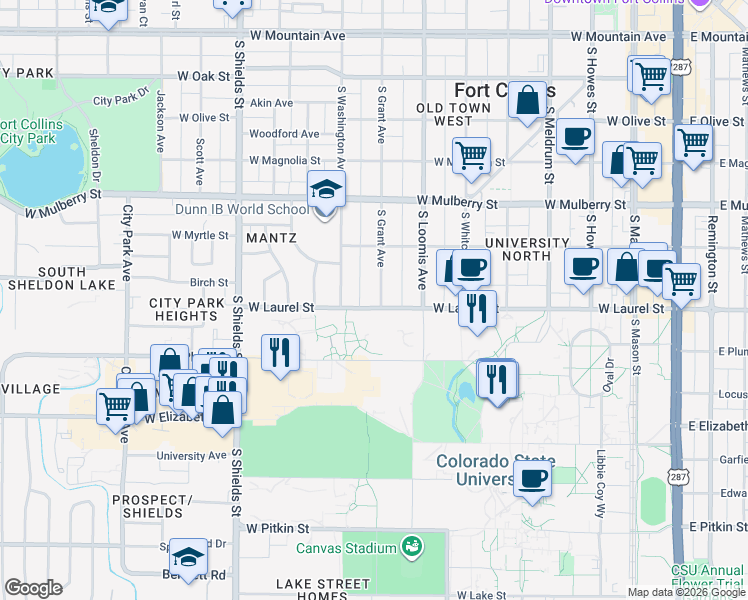 map of restaurants, bars, coffee shops, grocery stores, and more near 802 West Laurel Street in Fort Collins
