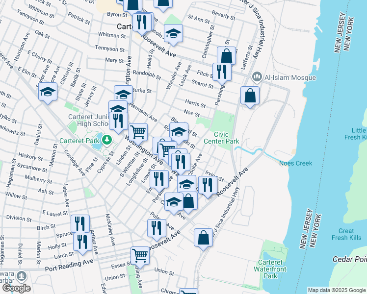 map of restaurants, bars, coffee shops, grocery stores, and more near 199 Pershing Avenue in Carteret
