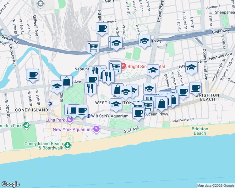 map of restaurants, bars, coffee shops, grocery stores, and more near 2925 West 5th Street in Brooklyn