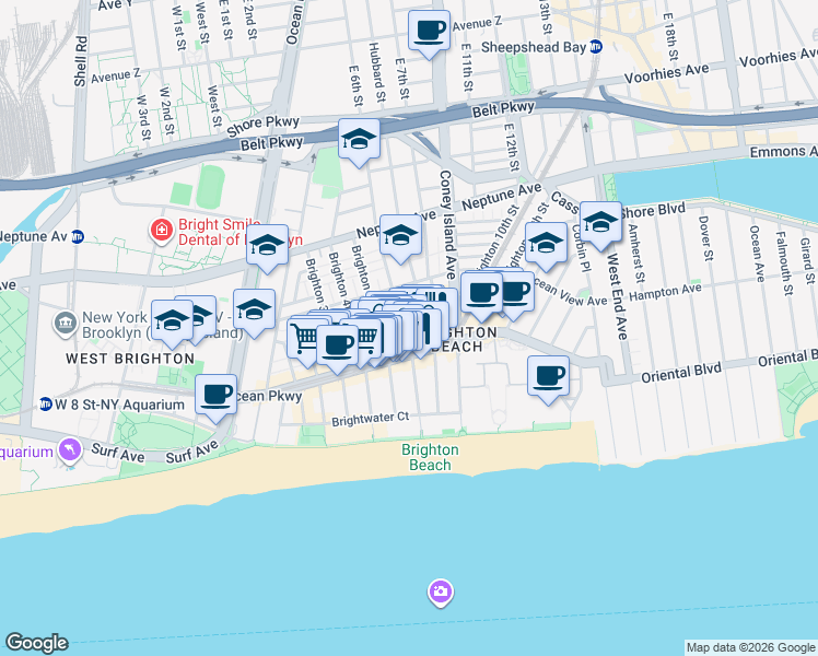 map of restaurants, bars, coffee shops, grocery stores, and more near 3049 Brighton 6th Street in Brooklyn