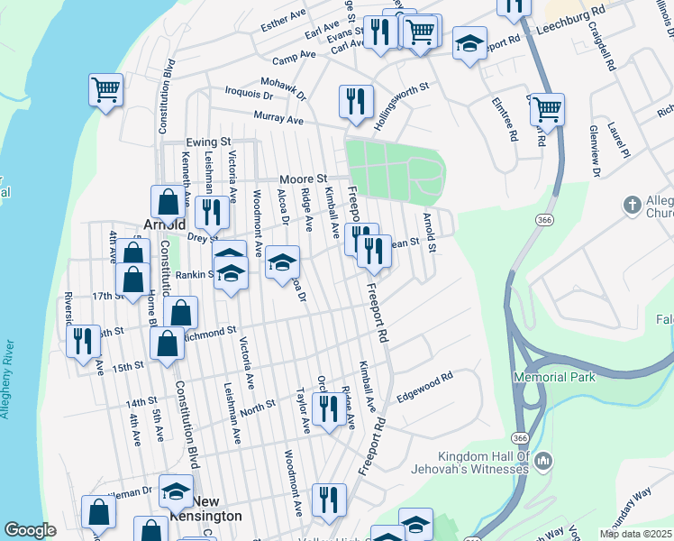map of restaurants, bars, coffee shops, grocery stores, and more near 1735 Kimball Avenue in New Kensington