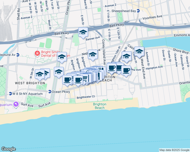 map of restaurants, bars, coffee shops, grocery stores, and more near 604 Brighton Beach Avenue in Brooklyn