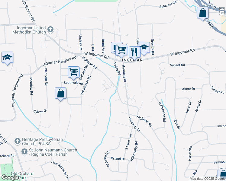 map of restaurants, bars, coffee shops, grocery stores, and more near 108 Olde Ingomar Court in Pittsburgh