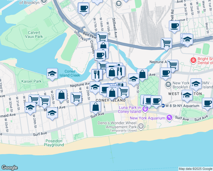 map of restaurants, bars, coffee shops, grocery stores, and more near 2840 West 16th Street in Brooklyn