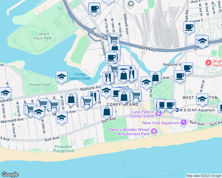 map of restaurants, bars, coffee shops, grocery stores, and more near 2818 West 17th Street in Brooklyn