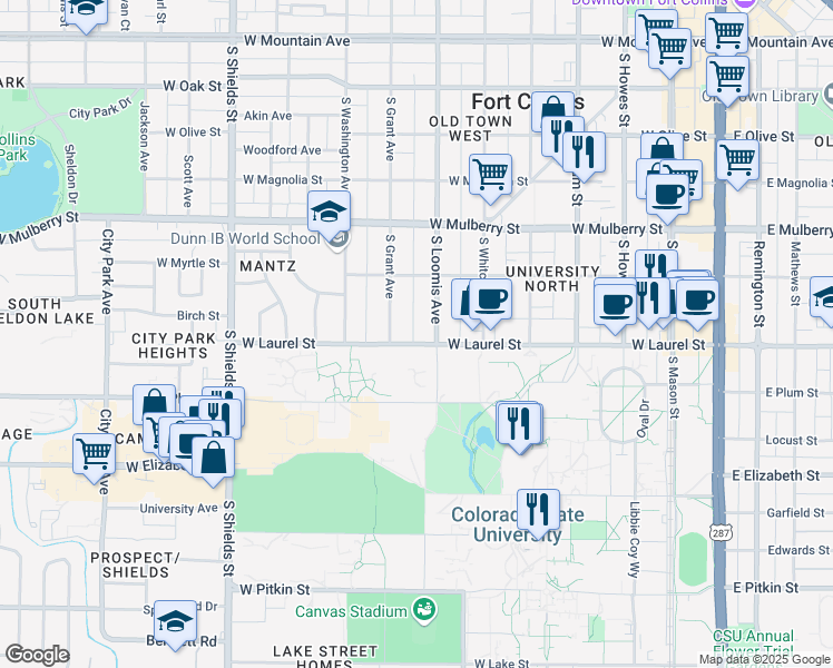 map of restaurants, bars, coffee shops, grocery stores, and more near 712 West Laurel Street in Fort Collins