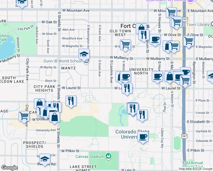 map of restaurants, bars, coffee shops, grocery stores, and more near 712 West Laurel Street in Fort Collins