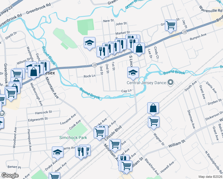 map of restaurants, bars, coffee shops, grocery stores, and more near 120 Cap Lane in Middlesex