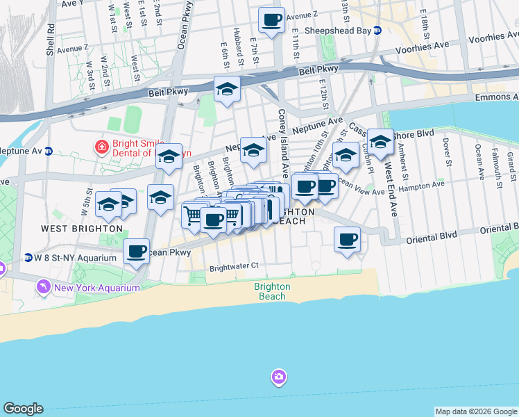 map of restaurants, bars, coffee shops, grocery stores, and more near 604 Brighton Beach Avenue in Brooklyn