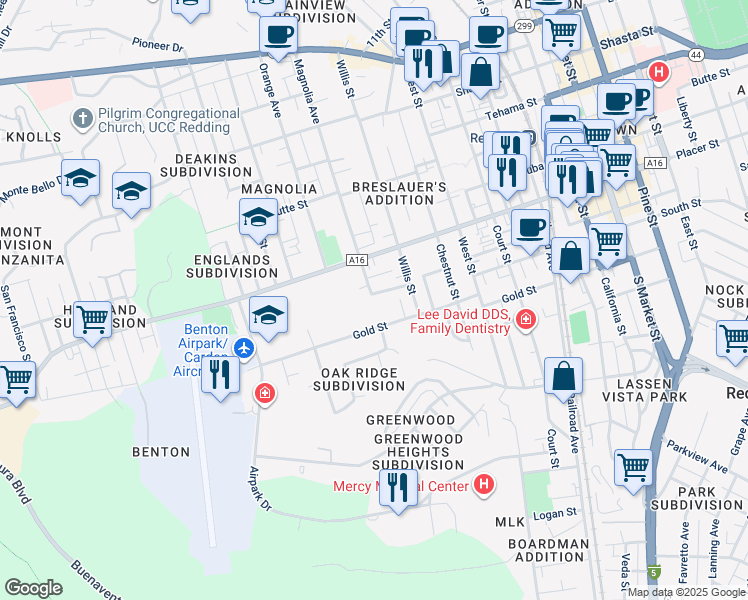 map of restaurants, bars, coffee shops, grocery stores, and more near 2163 Sacramento Street in Redding
